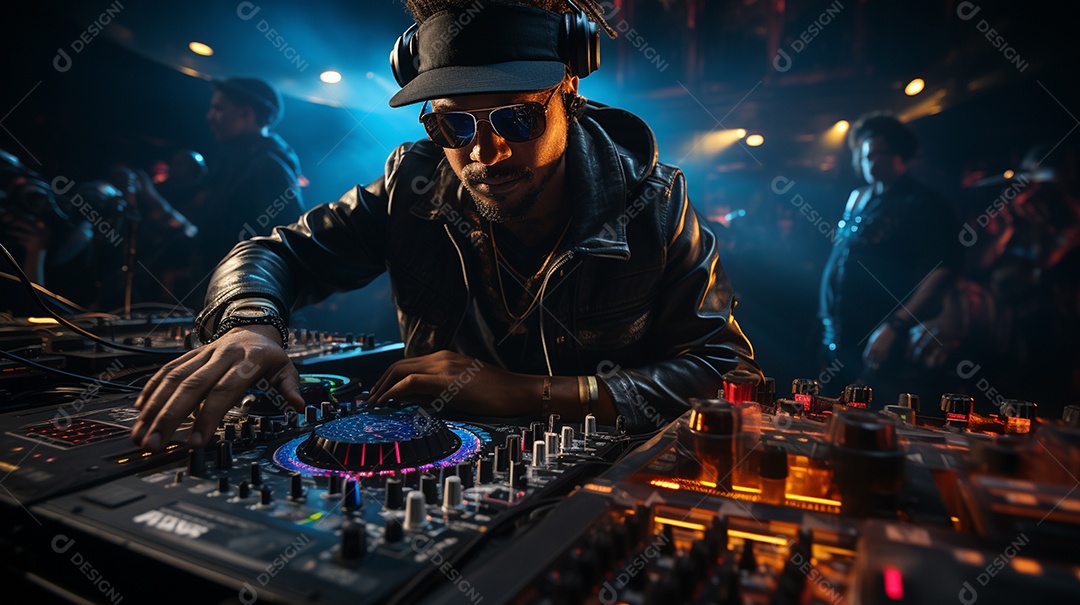 O DJ no centro da boate comanda o deck