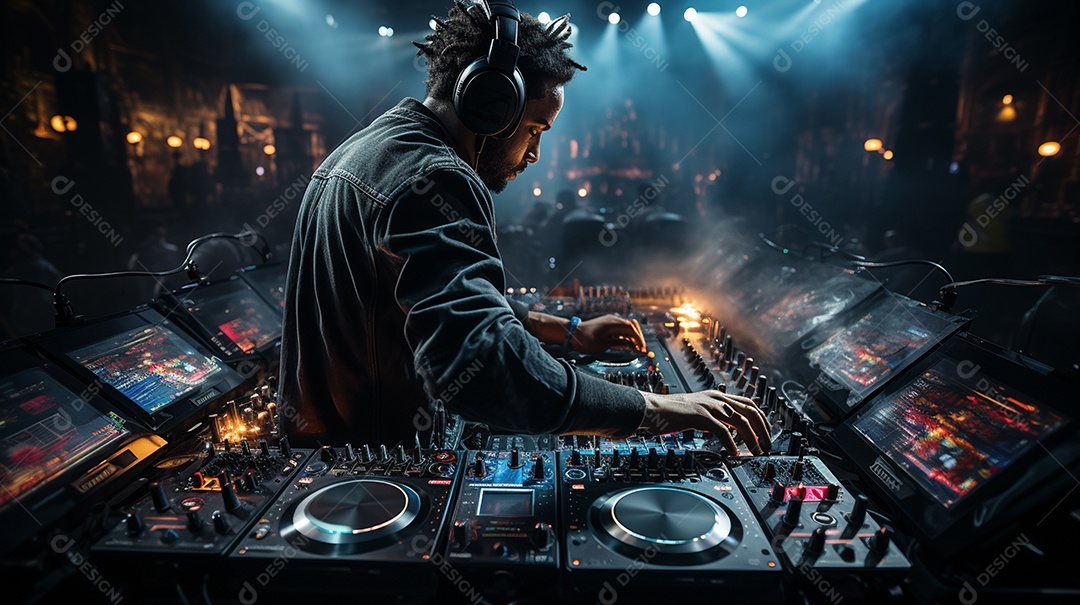 O DJ no centro da boate comanda o deck
