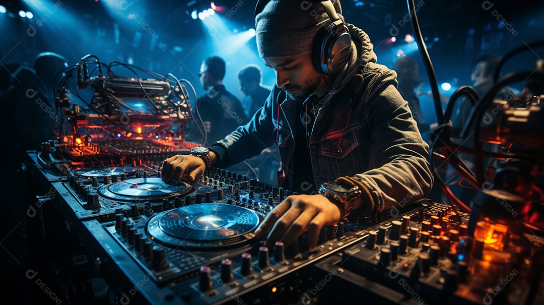 O DJ no centro da boate comanda o deck