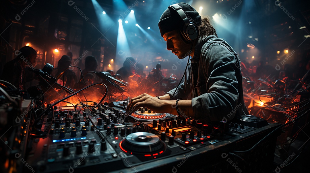 O DJ no centro da boate comanda o deck