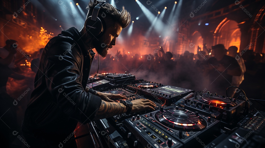 O DJ no centro da boate comanda o deck