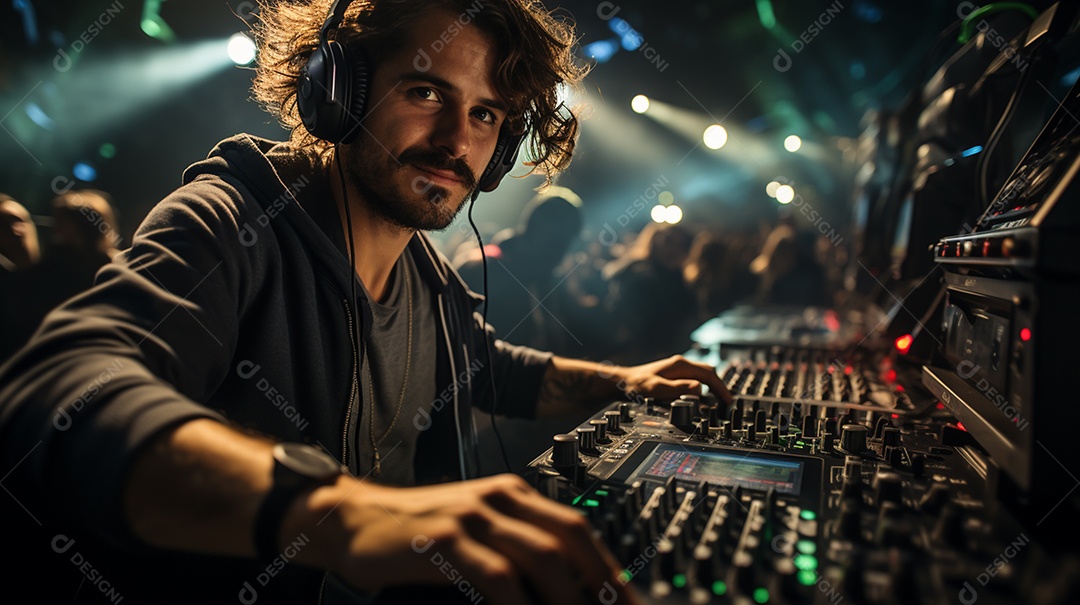 O DJ no centro da boate comanda o deck