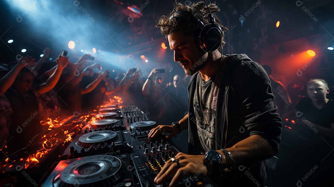 O DJ no centro da boate comanda o deck