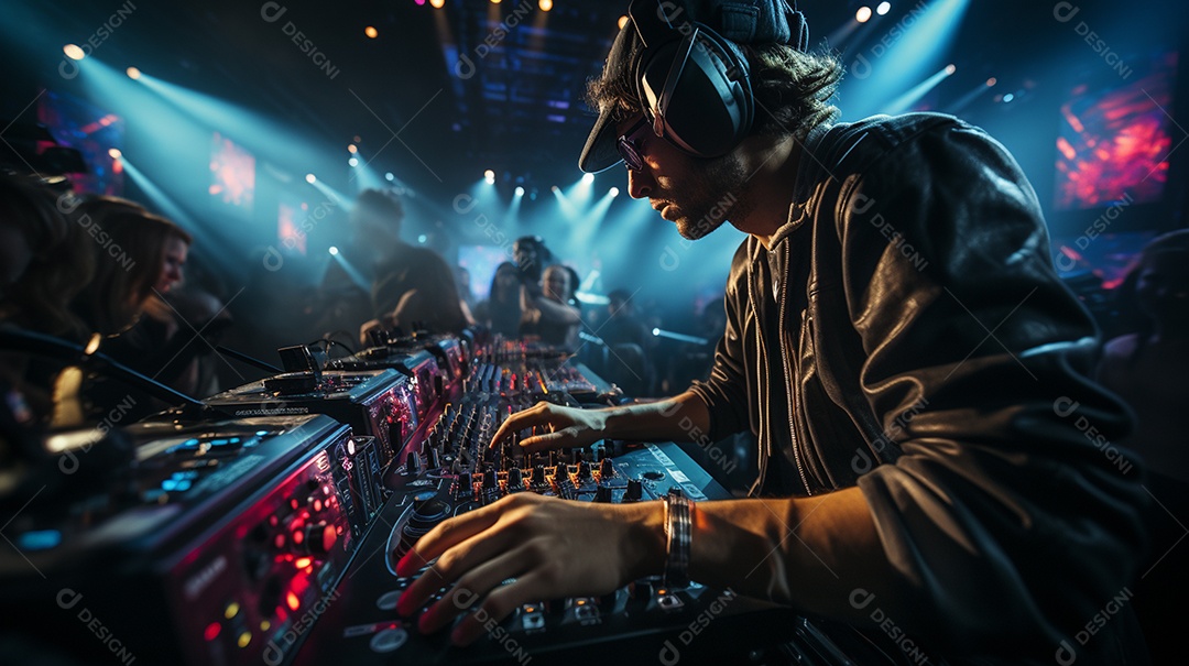 O DJ no centro da boate comanda o deck