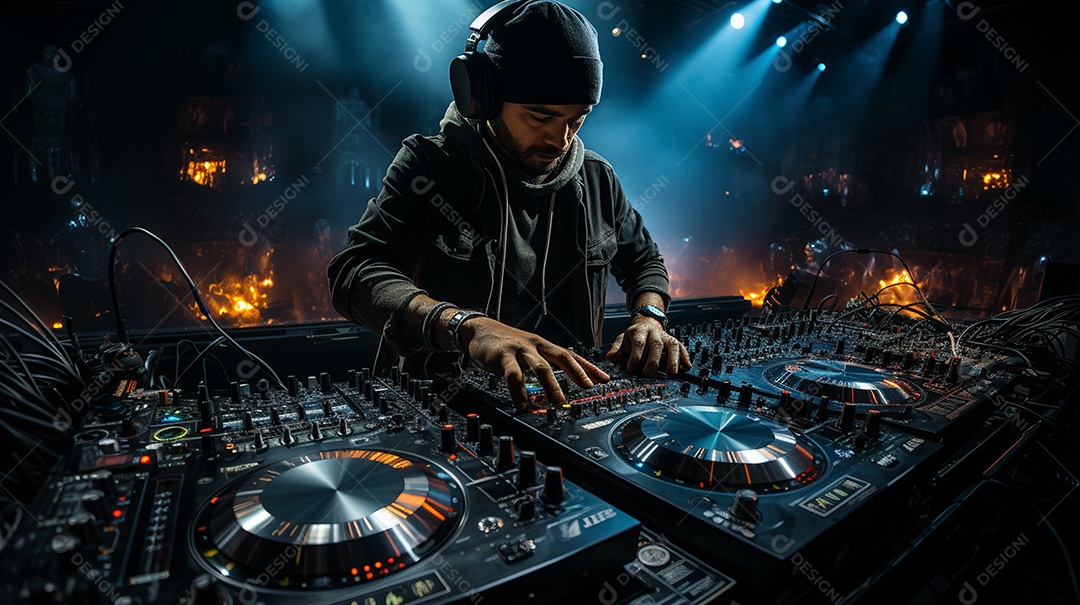 O DJ no centro da boate comanda o deck