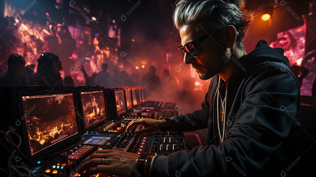 O DJ no centro da boate comanda o deck