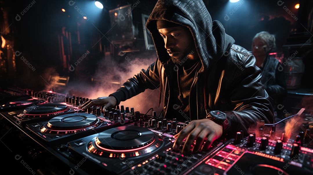 O DJ no centro da boate comanda o deck