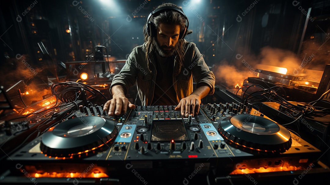 O DJ no centro da boate comanda o deck