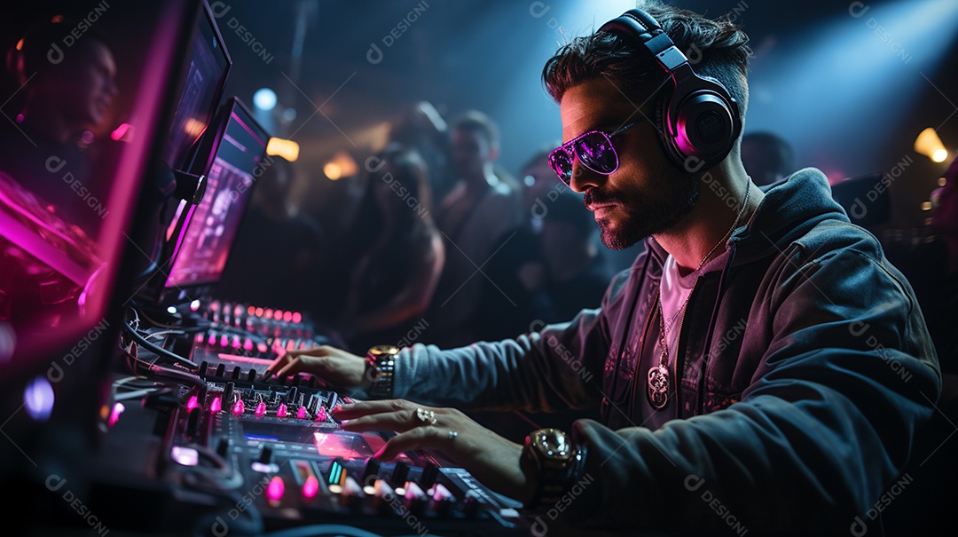 O DJ no centro da boate comanda o deck