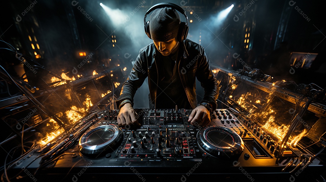 O DJ no centro da boate comanda o deck