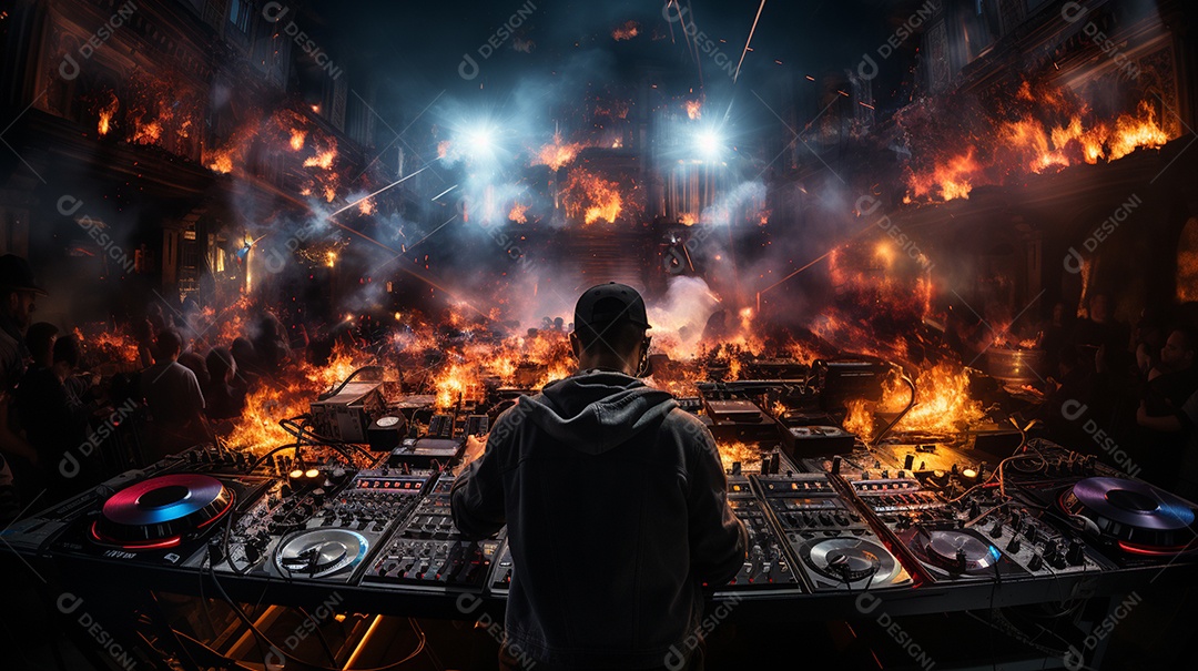 O DJ no centro da boate comanda o deck