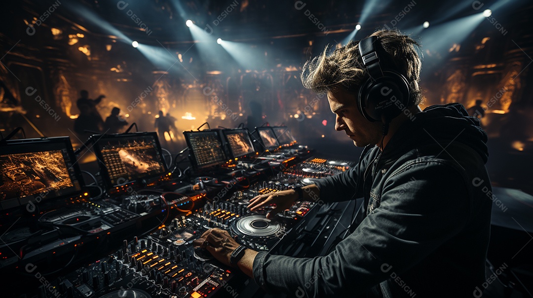 O DJ no centro da boate comanda o deck
