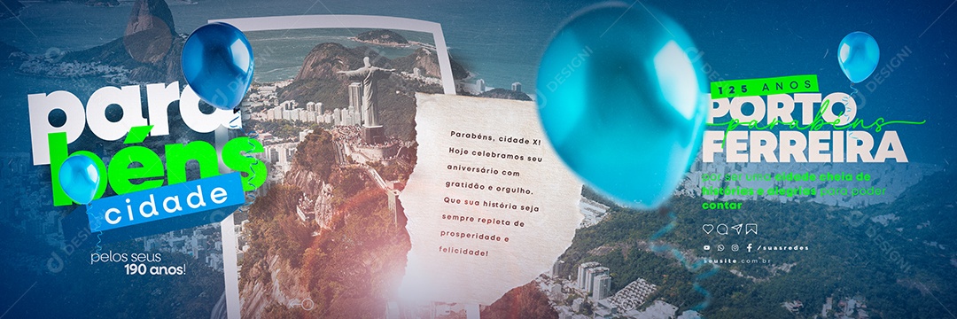 Aniversário Parabéns Porto Ferreira 125 Anos Carrossel Social Media PSD Editável