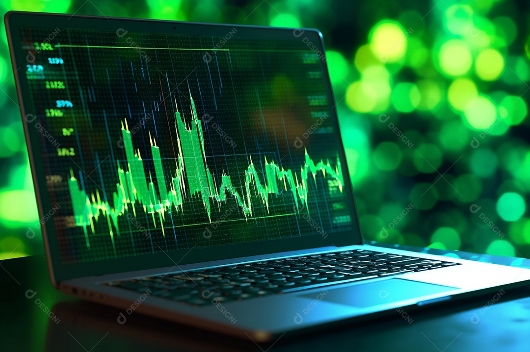 Tela de notebook com mercado de ações e gráfico financeiro e estatístico de negócios