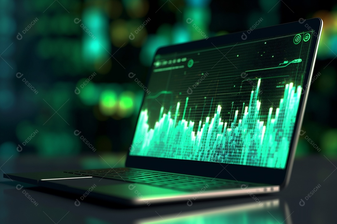 Tela de notebook com mercado de ações e gráfico financeiro e estatístico de negócios