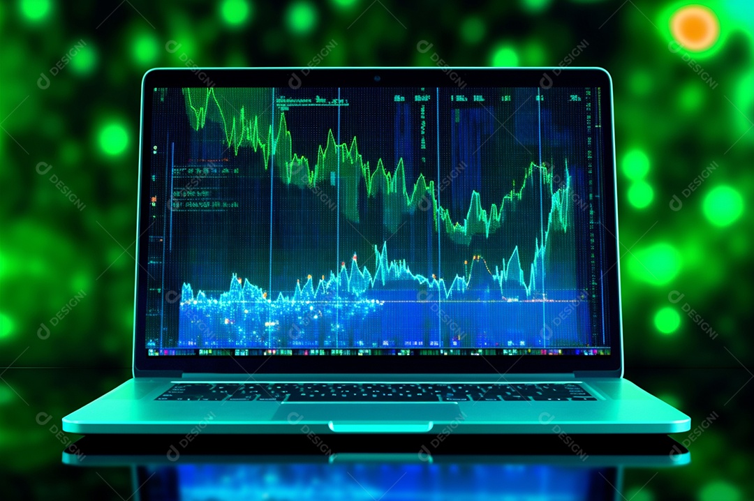 Tela de notebook com mercado de ações e gráfico financeiro e estatístico de negócios