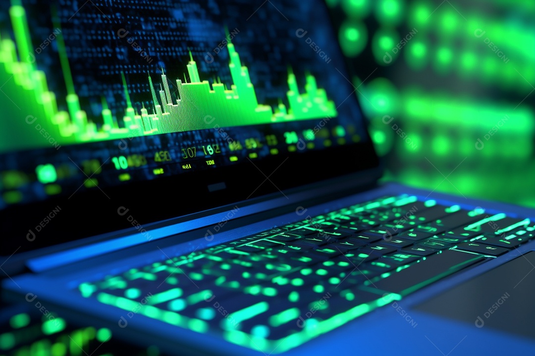 Tela de notebook com mercado de ações e gráfico financeiro e estatístico de negócios