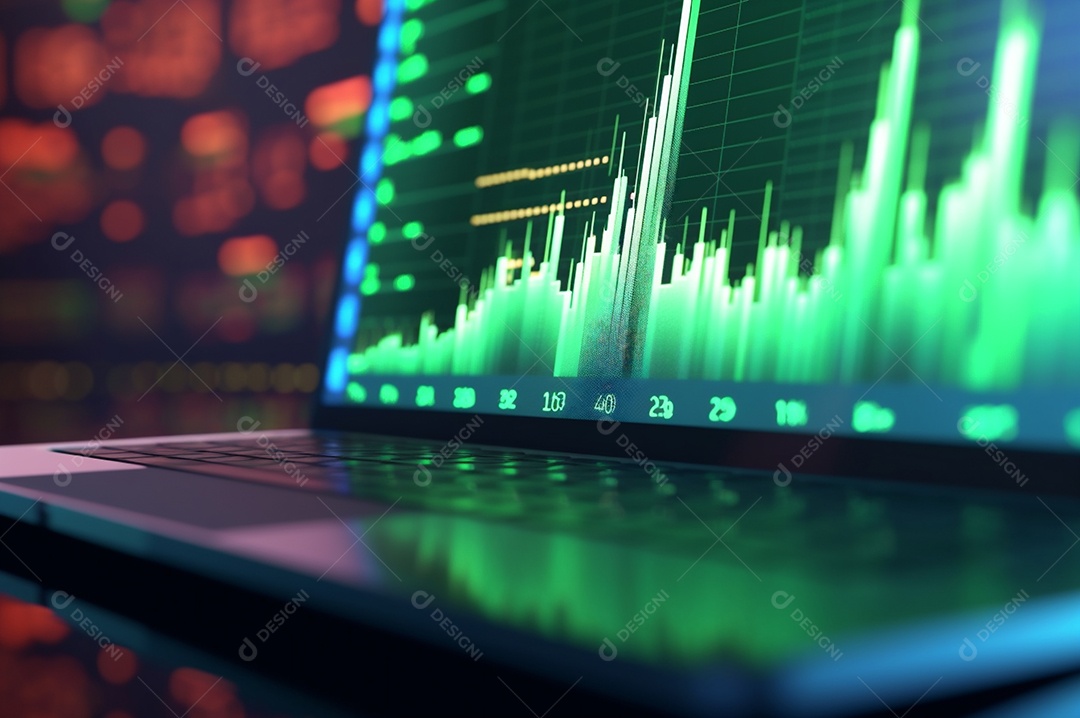 Tela de notebook com mercado de ações e gráfico financeiro e estatístico de negócios