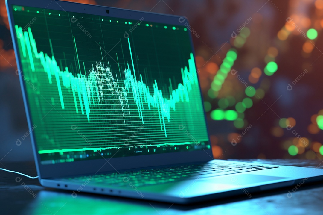 Tela de notebook com mercado de ações e gráfico financeiro e estatístico de negócios