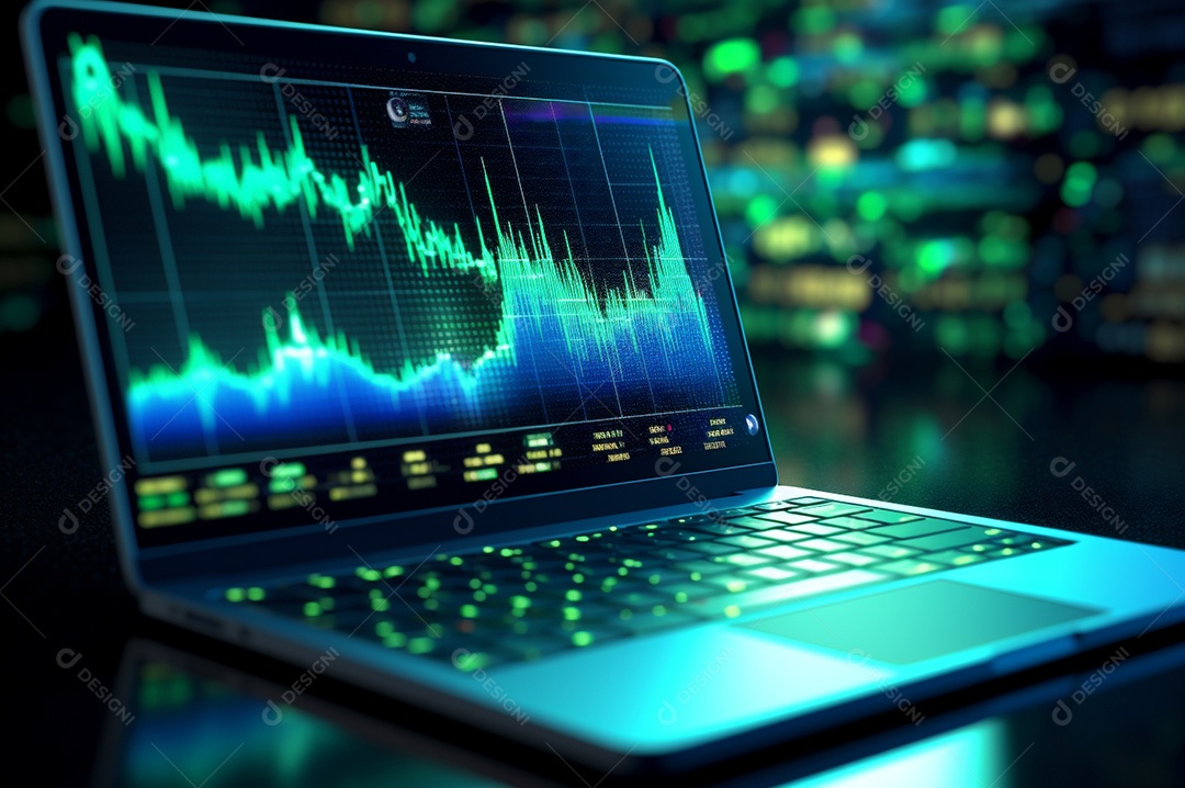 Tela de notebook com mercado de ações e gráfico financeiro e estatístico de negócios