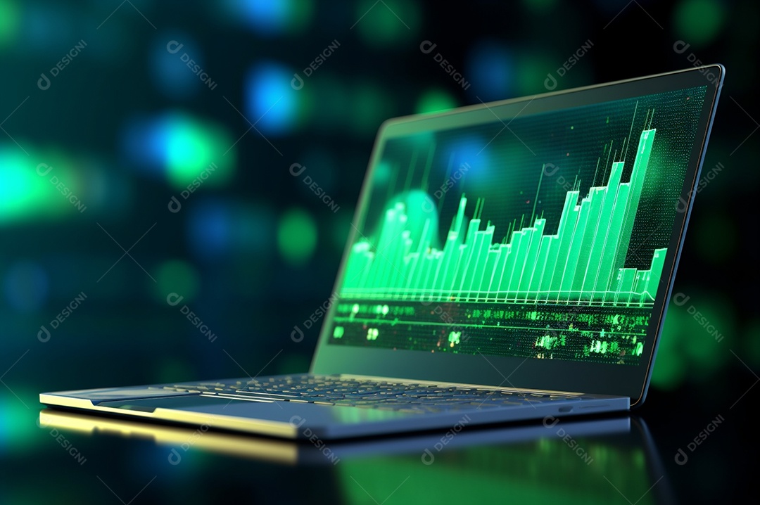 Tela de notebook com mercado de ações e gráfico financeiro e estatístico de negócios