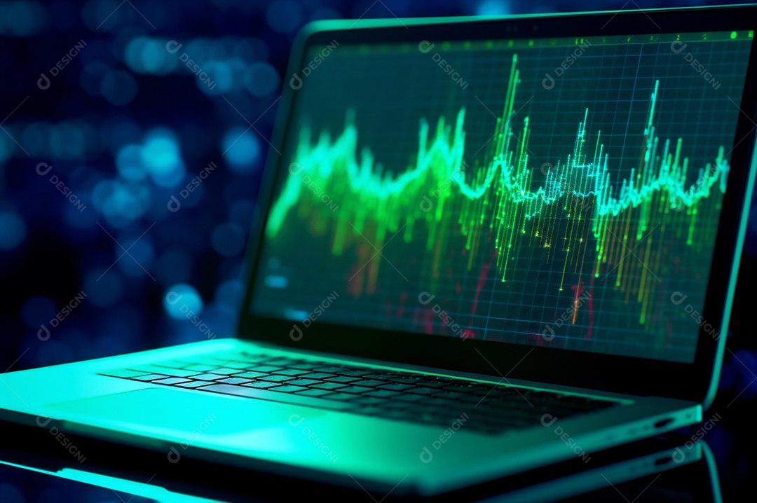 Tela de notebook com mercado de ações e gráfico financeiro e estatístico de negócios