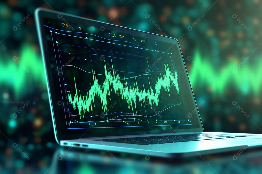 Tela de notebook com mercado de ações e gráfico financeiro e estatístico de negócios