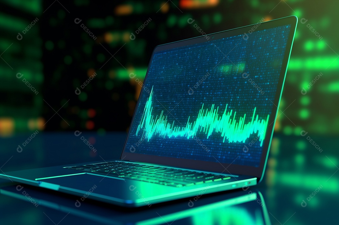 Tela de notebook com mercado de ações e gráfico financeiro e estatístico de negócios
