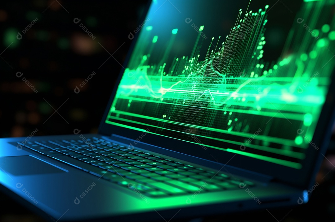 Tela de notebook com mercado de ações e gráfico financeiro e estatístico de negócios