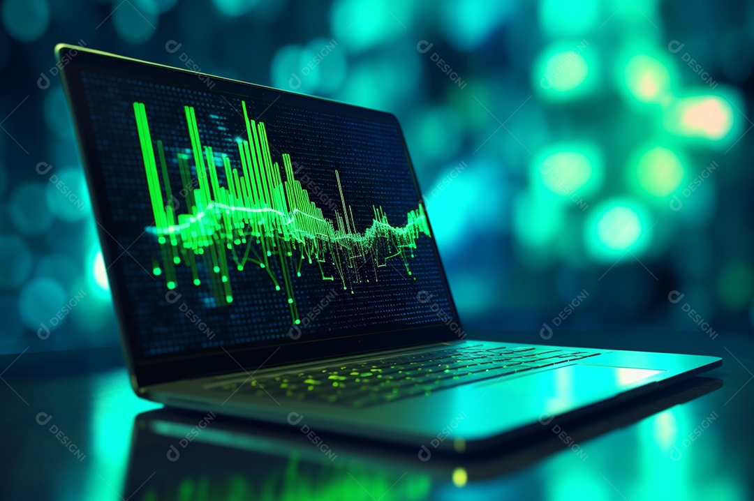 Tela de notebook com mercado de ações e gráfico financeiro e estatístico de negócios