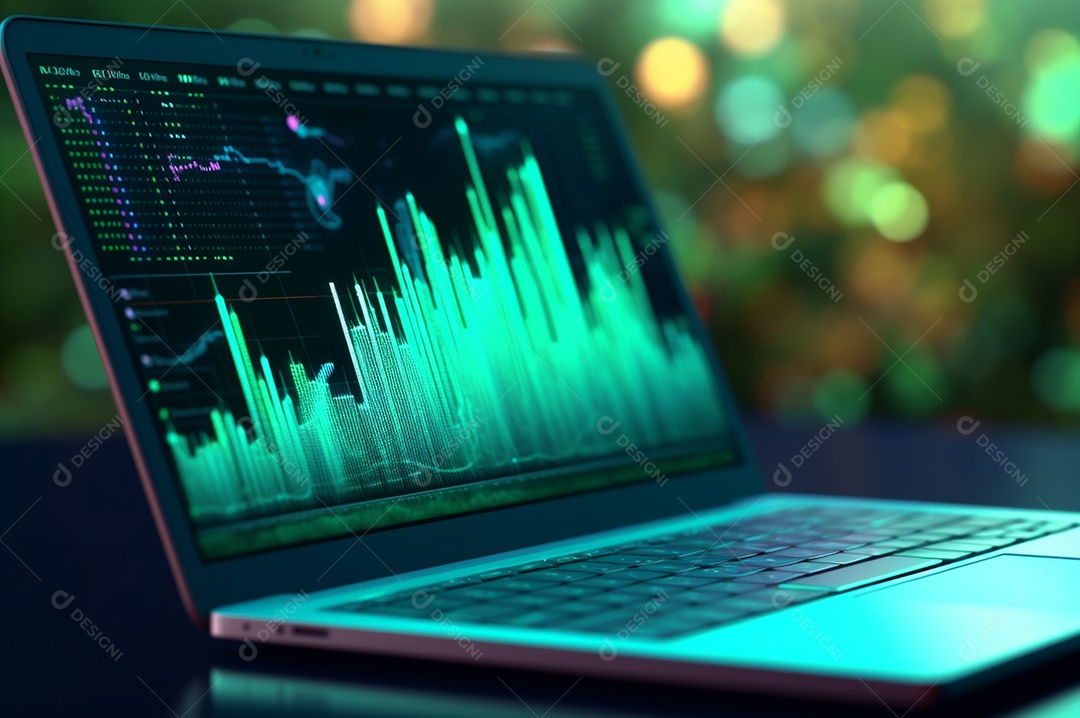 Tela de notebook com mercado de ações e gráfico financeiro e estatístico de negócios