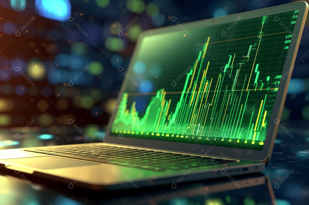 Tela de notebook com mercado de ações e gráfico financeiro e estatístico de negócios