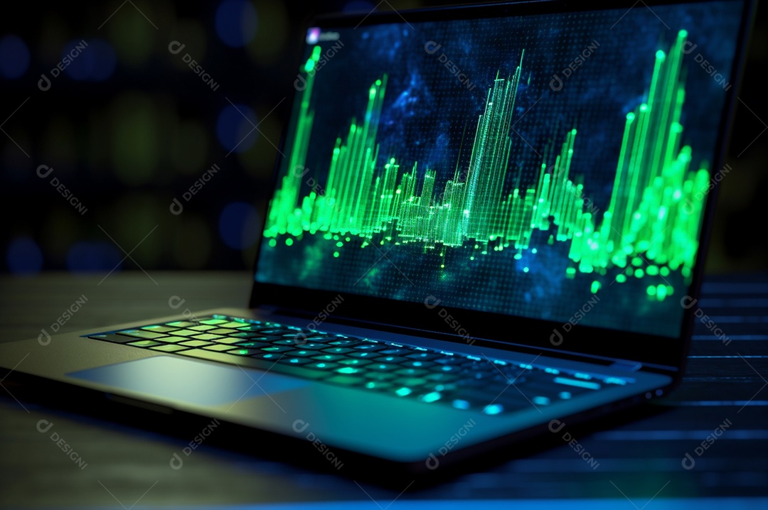 Tela de notebook com mercado de ações e gráfico financeiro e estatístico de negócios