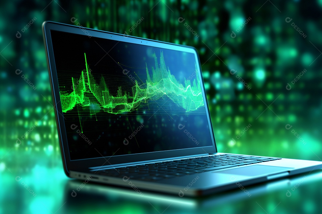 Tela de notebook com mercado de ações e gráfico financeiro e estatístico de negócios