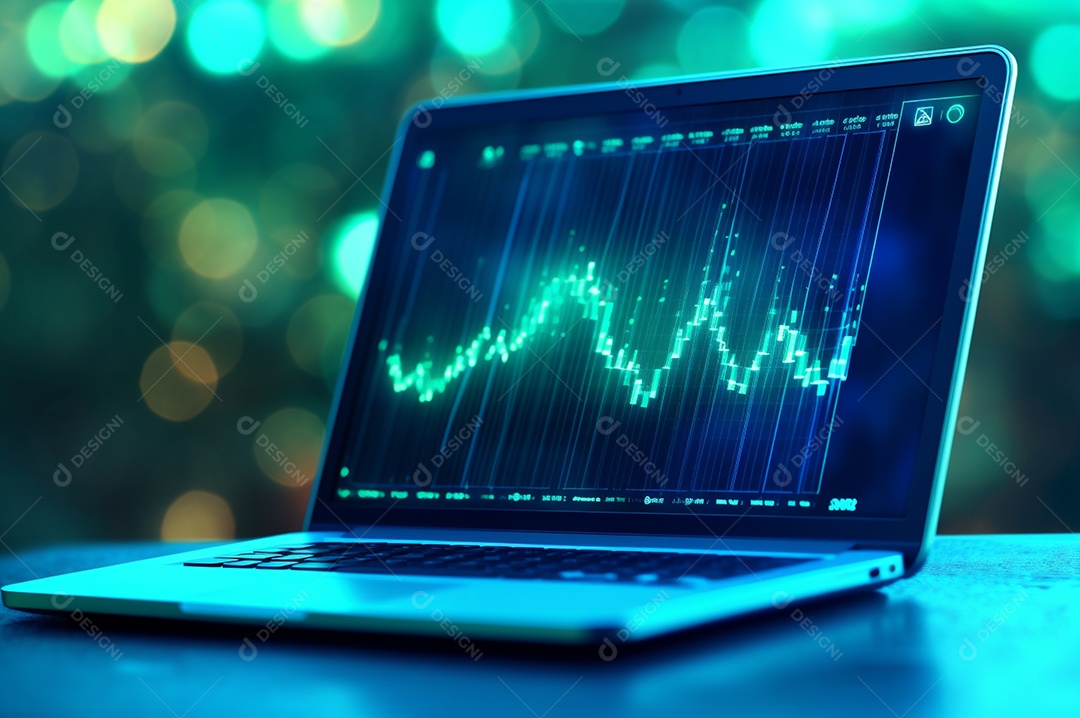 Tela de notebook com mercado de ações e gráfico financeiro e estatístico de negócios