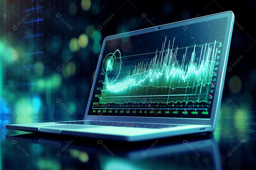 Tela de notebook com mercado de ações e gráfico financeiro e estatístico de negócios