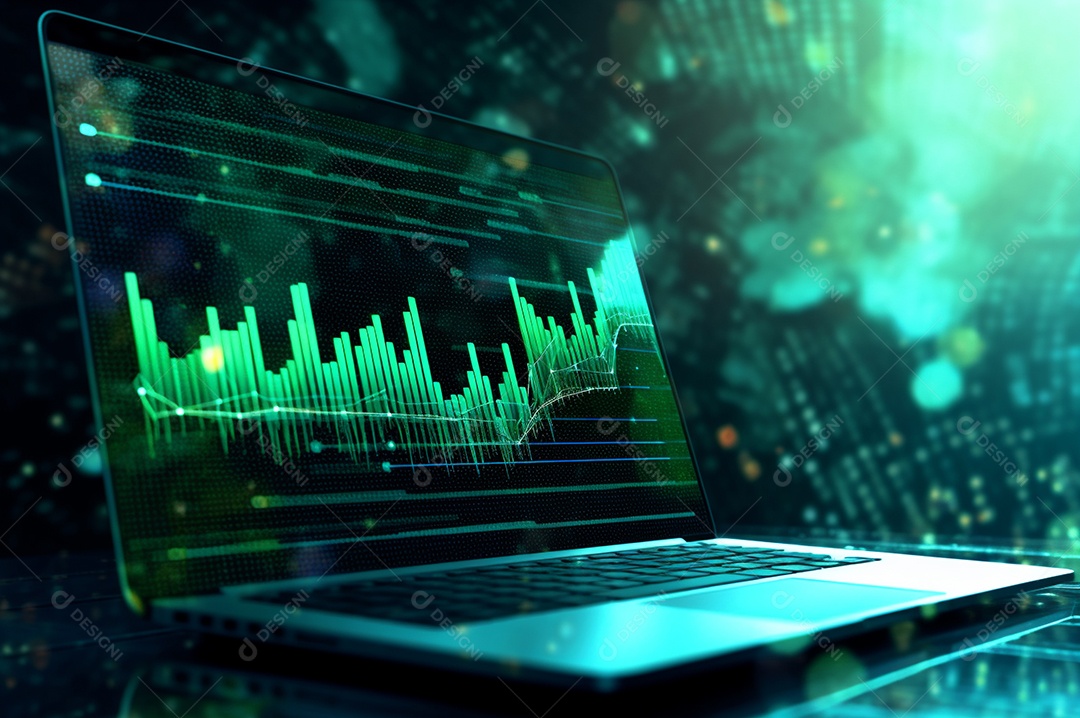 Tela de notebook com mercado de ações e gráfico financeiro e estatístico de negócios