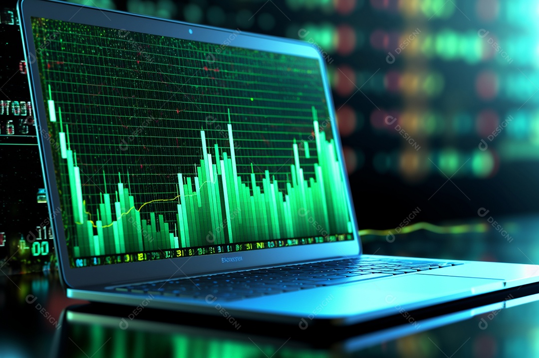 Tela de notebook com mercado de ações e gráfico financeiro e estatístico de negócios