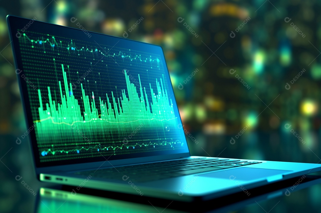 Tela de notebook com mercado de ações e gráfico financeiro e estatístico de negócios
