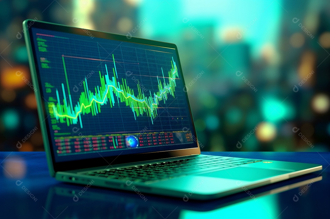 Tela de notebook com mercado de ações e gráfico financeiro e estatístico de negócios