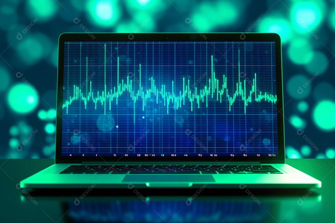 Tela de notebook com mercado de ações e gráfico financeiro e estatístico de negócios