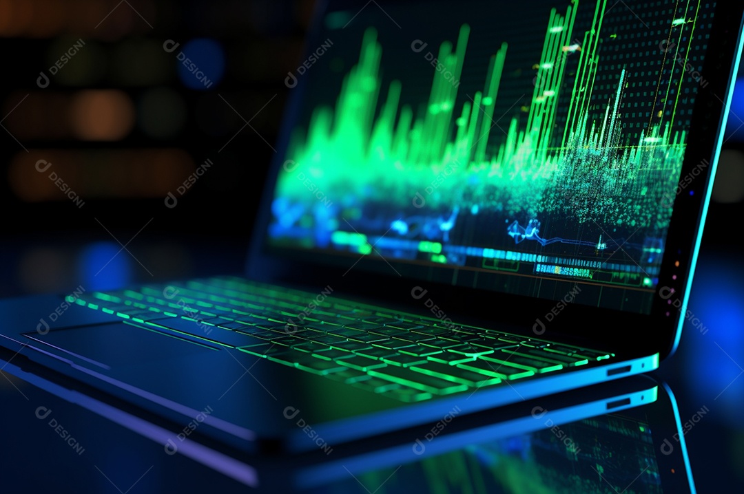 Tela de notebook com mercado de ações e gráfico financeiro e estatístico de negócios