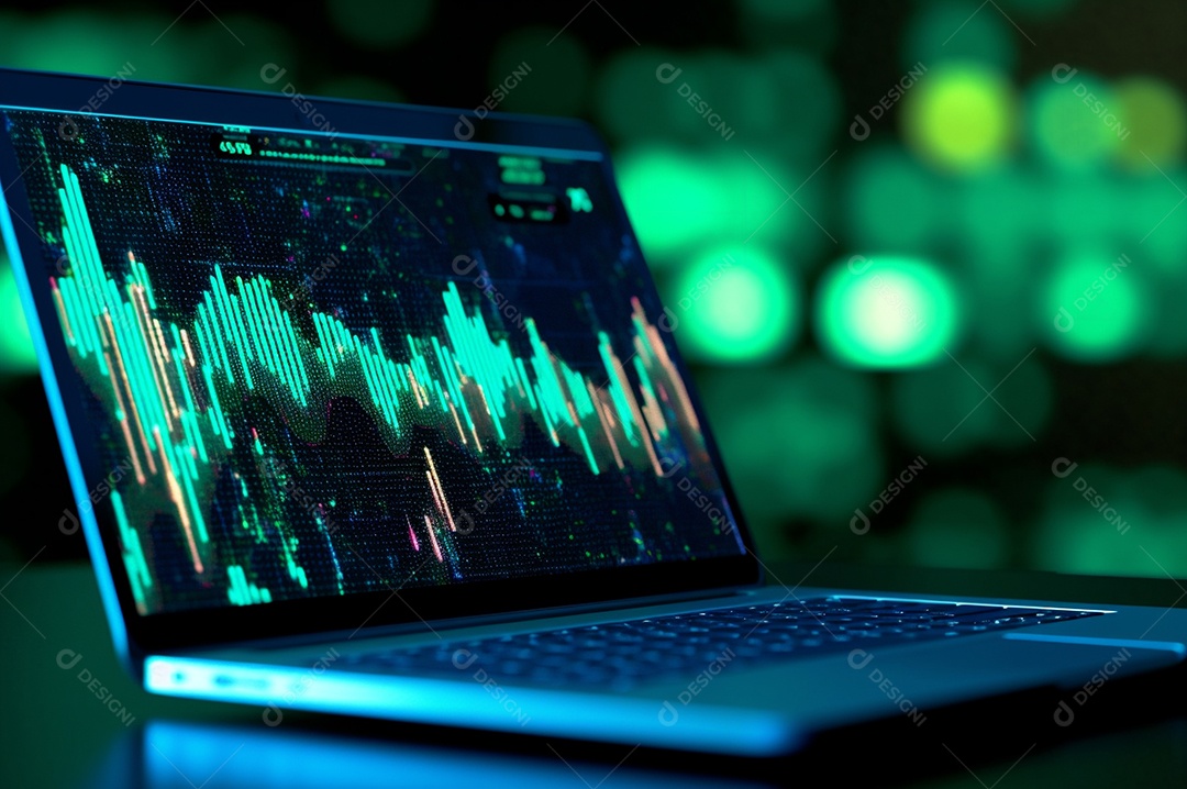 Tela de notebook com mercado de ações e gráfico financeiro e estatístico de negócios