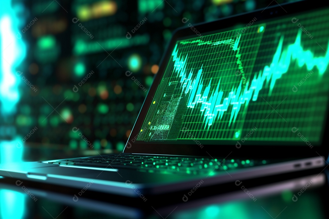 Tela de notebook com mercado de ações e gráfico financeiro e estatístico de negócios