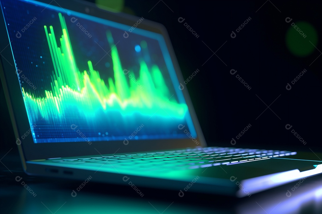 Tela de notebook com mercado de ações e gráfico financeiro e estatístico de negócios