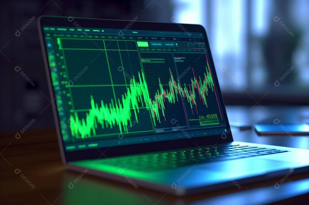 Tela de notebook com mercado de ações e gráfico financeiro e estatístico de negócios
