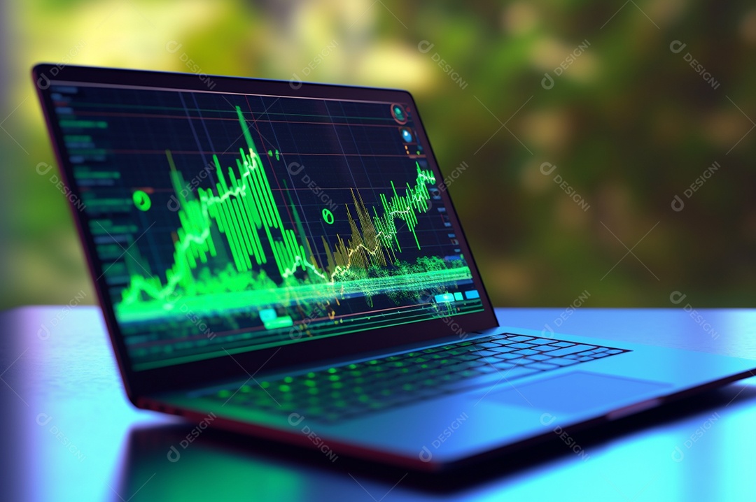 Tela de notebook com mercado de ações e gráfico financeiro e estatístico de negócios