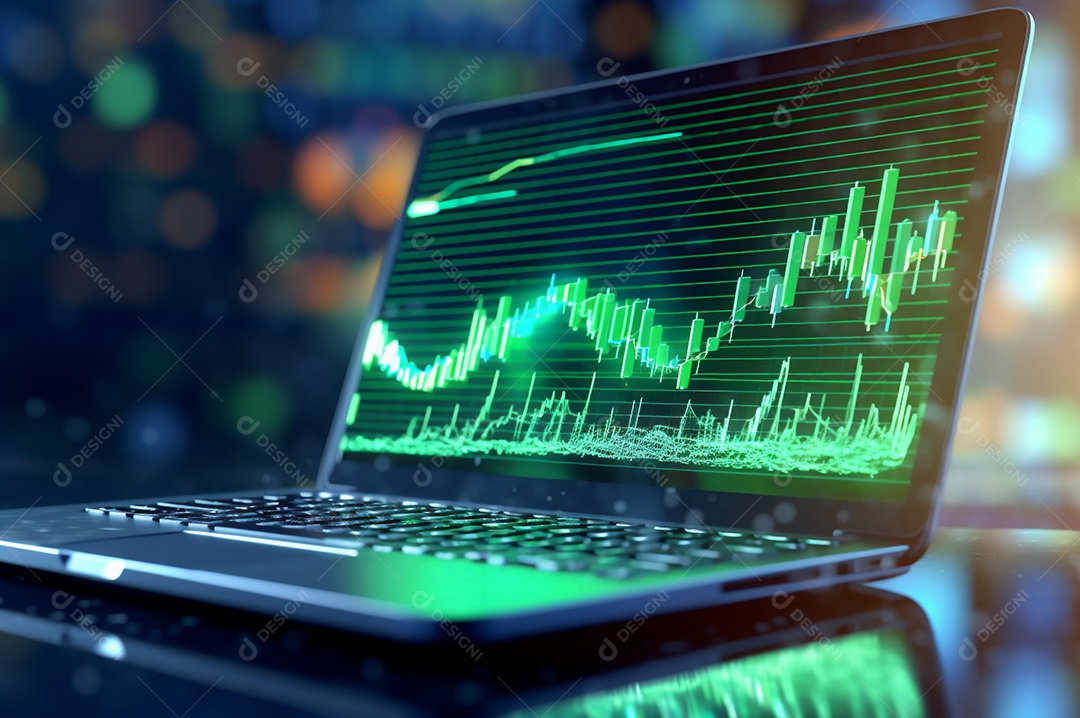 Tela de notebook com mercado de ações e gráfico financeiro e estatístico de negócios