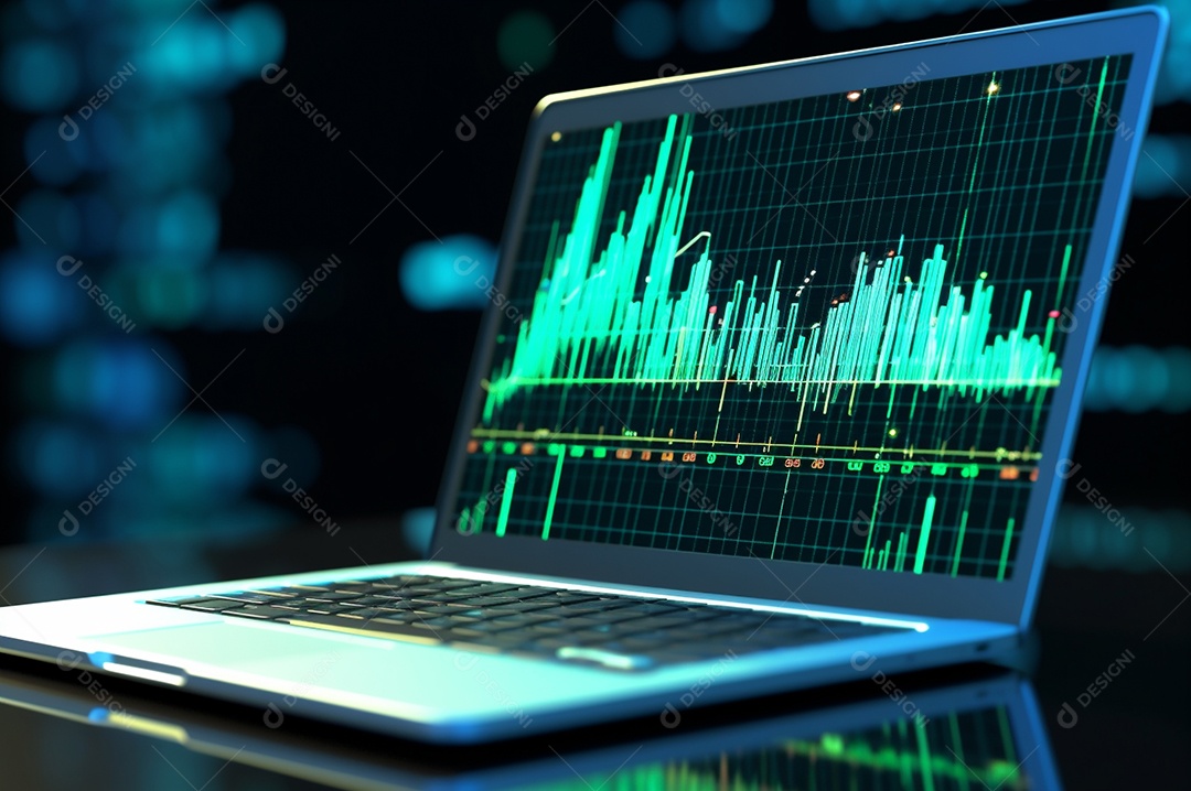Tela de notebook com mercado de ações e gráfico financeiro e estatístico de negócios