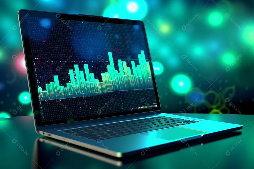 Tela de notebook com mercado de ações e gráfico financeiro e estatístico de negócios